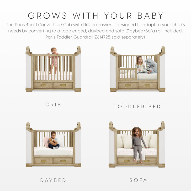 Paris 4-In-1 Convertible Crib With Underdrawer, Whitewash Ash With Lace