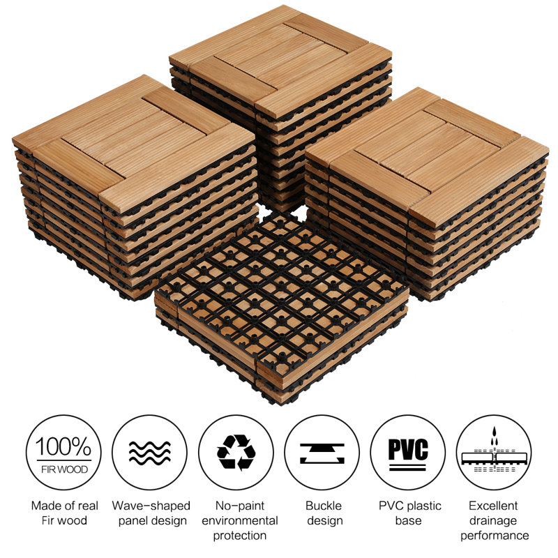 12" x 12" Fir Wood Interlocking Floor Tiles Pack of 27, Natural Wood