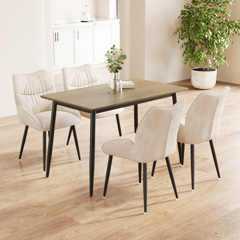 Ensemble de table de salle à manger et de table moderne 4 pièces à grain de bois moderne, table de salle à manger élégante, table de salle à manger de cuisine, robuste et durable, facile à assembler, pieds en métal noir