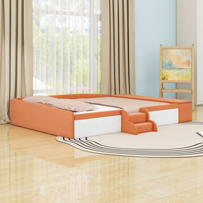 Upholstered Platform Bed with Stairs, Side Storage Ottoman and Padded Guardrails