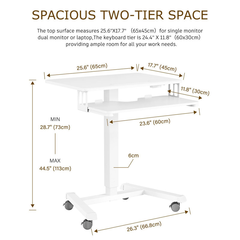 Mobile Rolling Small Table, Adjustable Height Computer Desk with Keyboard Tray, White