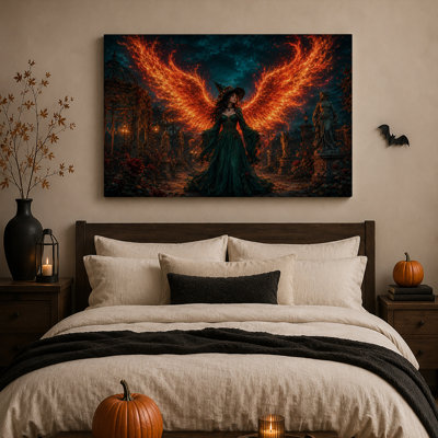 Sorcière en robe verte aux ailes de feu dans une toile murale sombre pour l'Halloween