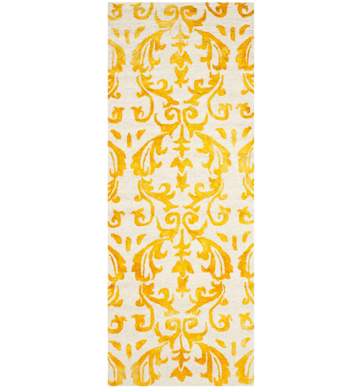 Berman Hand Tufted Wool/Cotton Floral Rug in Ivory/Gold, Runner 2'3" x 8'