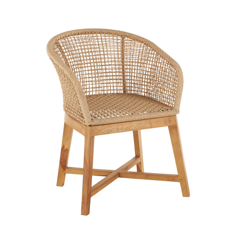Cole And Grey Plastic Rattan Handmade Woven Rounded Living Room Light Brown Accent Chair With Teak Frame