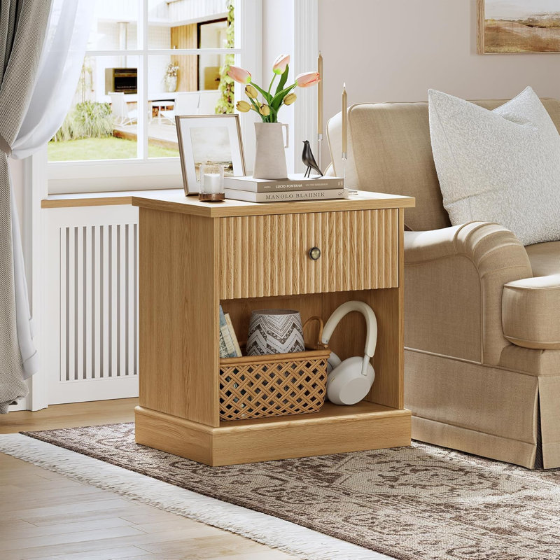 Modern Fluted Nightstand,Fluted End Table with Drawer & Open Shelf, Curved Base Storage Side Table, Oak Wood