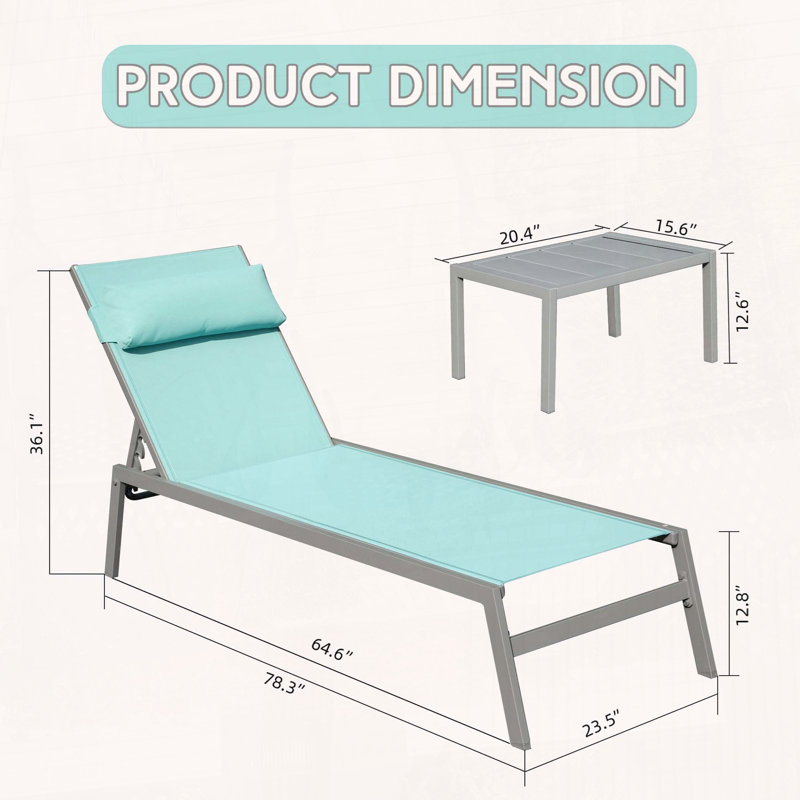 Aluminum Patio Chaise Lounge Set of 3 with Side Table, Lake Blue