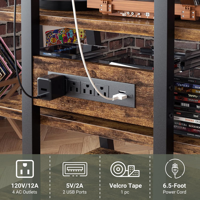 AV Media Stand With Outlets, Media Console With LED Lights, Stereo Racks And Stands With Storage Shelves, Media Audio Tower Cabinet