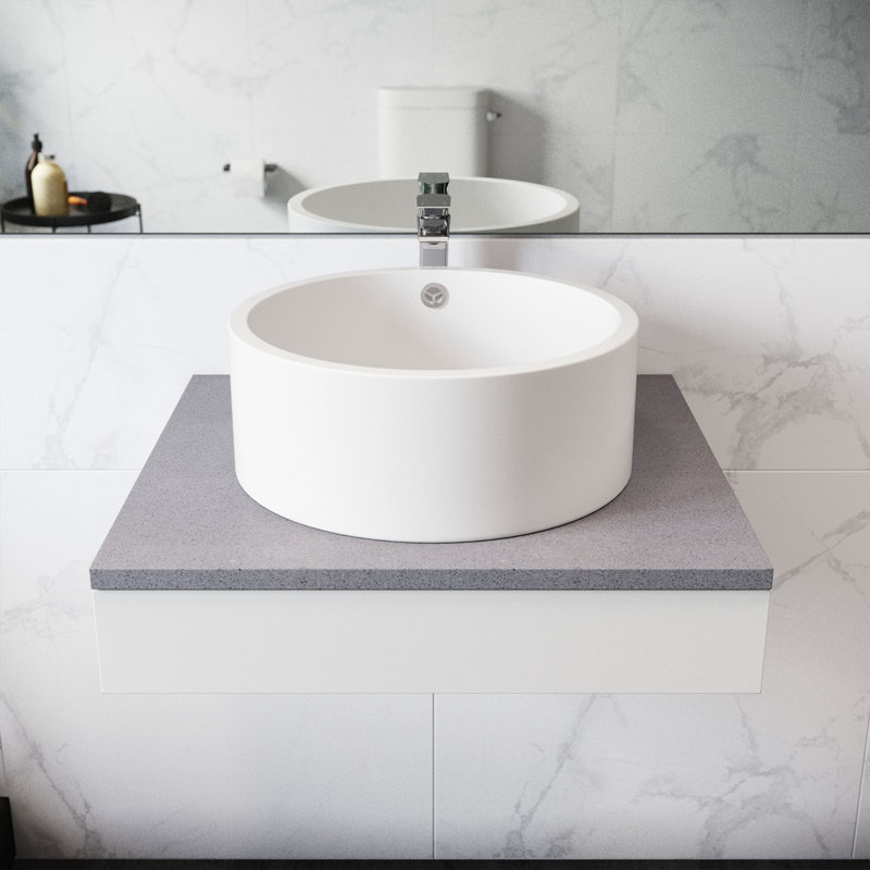 Monaco 17" Round Ceramic Bathroom Vessel Sink Floating Bathroom Shelf in Glosy White SM-VS252, White