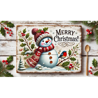 «Joyful Snowman and Bird Winter Celebration», reproduction d'art sur toile