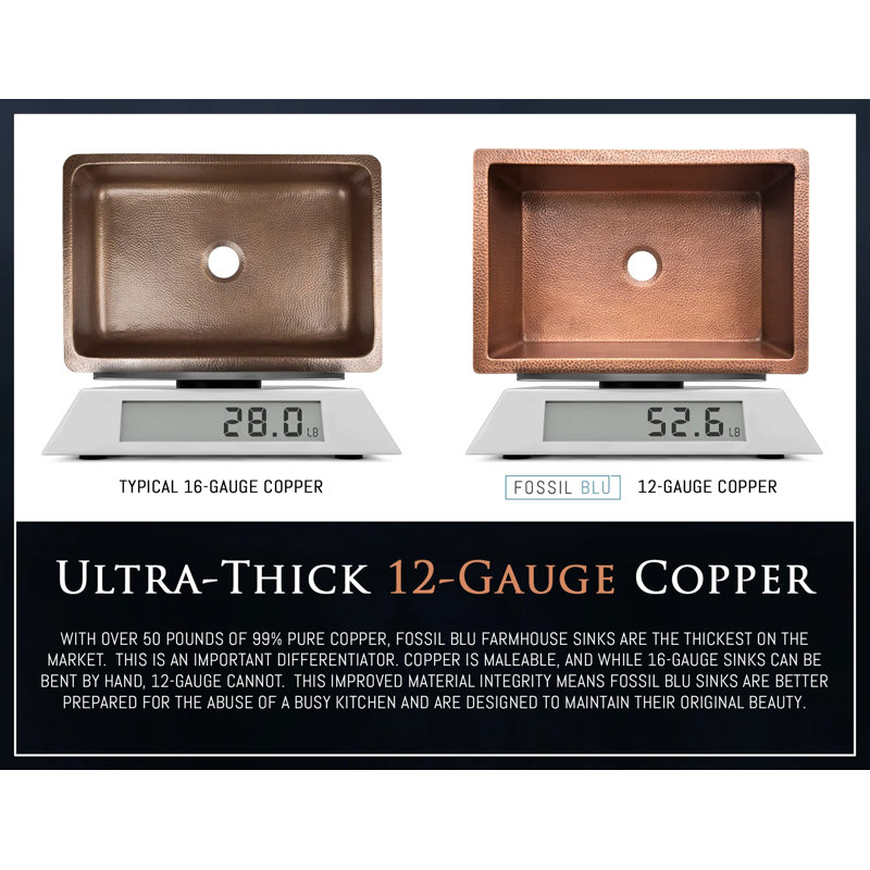 Luxury Heavy 12-Gauge Copper Farmhouse Sink, Includes Accessories, Flat Front