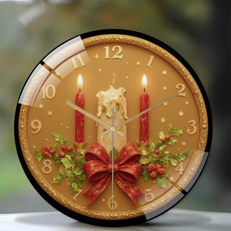 Candle-Advent-Clock-With-Holly-Bow Art - 12'' Modern Glass Wall Clock