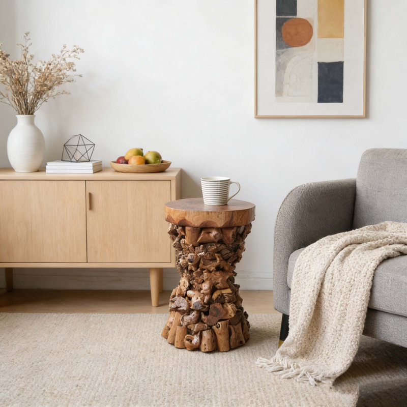 11.8" Brown Mulberry & Paulownia Wood Accent Table, Organic Tree Root Base Side Table For Living Room