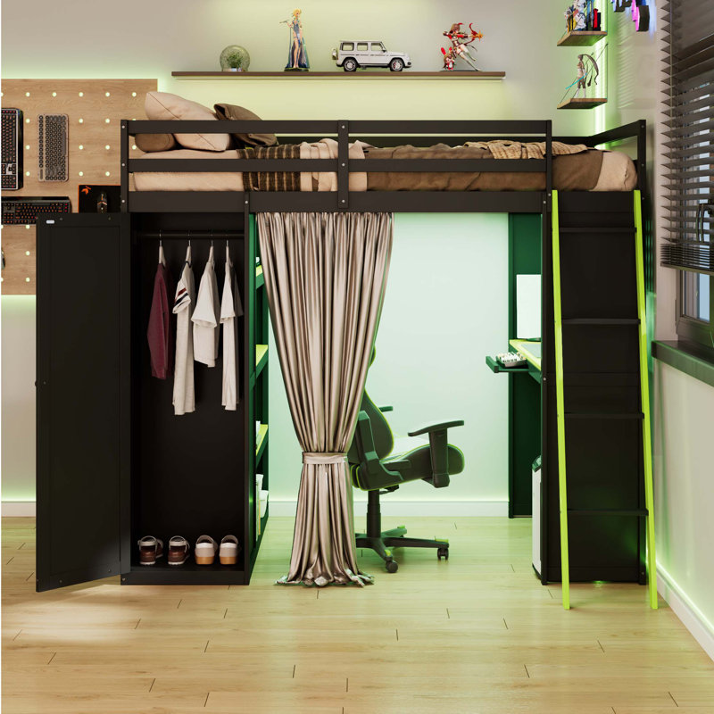 Lit mezzanine en bois pleine grandeur avec garde-robe, rideaux à tablettes et lumières RVB, Noir/vert