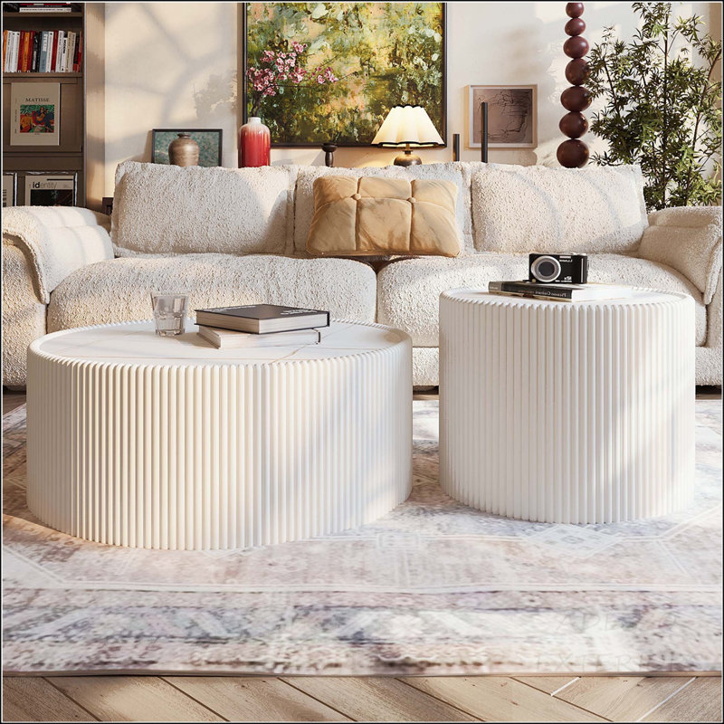 Table basse cylindrique avec plateau en pierre frittée et similicuir, motif doré, H 14,56 po x L 29,52 po x l 29,52 po