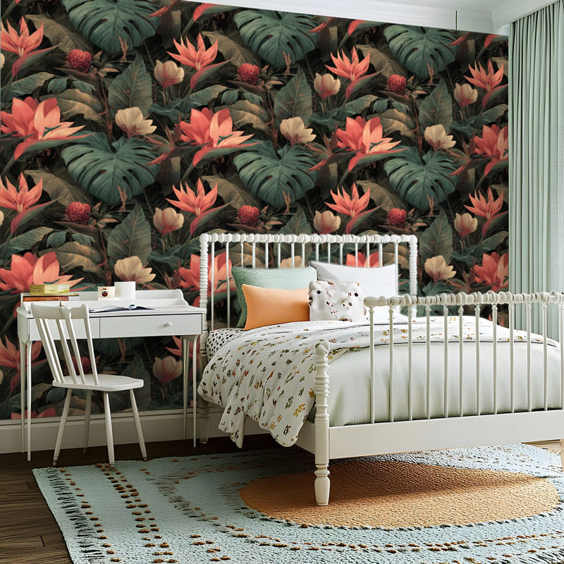 Papier peint adhésif auto-adhésif en PVC, adhésif mural amovible à motif de fleurs tropicales de luxe Monstera, imperméable pour la décoration intérieure - Rouleau