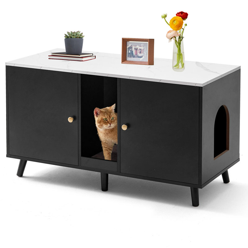 Corvese 42.5" W Manufactured Wood Double Cat Litter Box Enclosure with Scratching Pad, Black/White