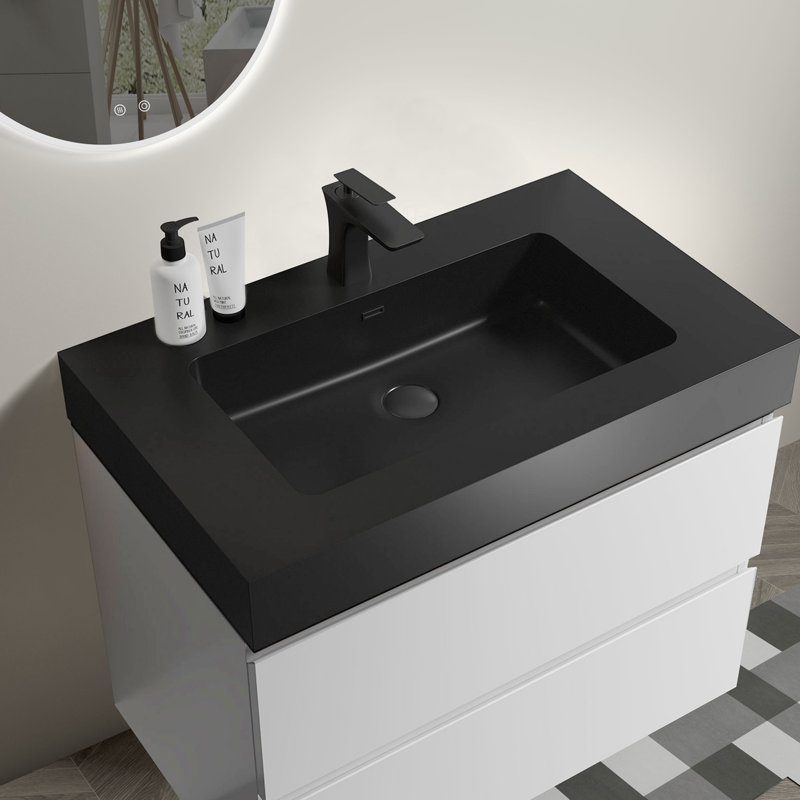 Meuble-lavabo mural simple avec plateau Motiejus, Blanc, Noir
