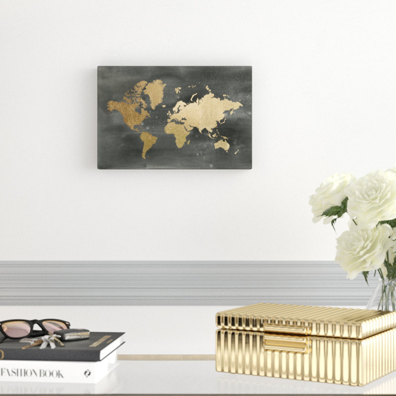 Gold World Map On Black Wash by Jennifer Goldberger - Print, 20cm H x 30cm W, Wrapped Canvas