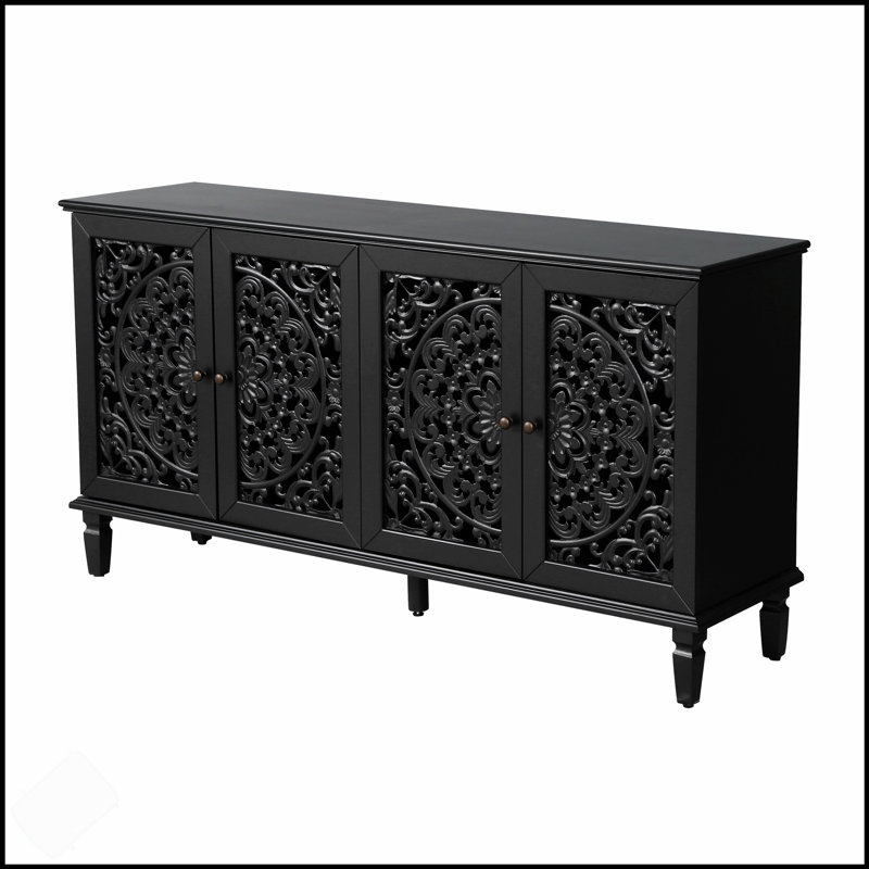 Élégante armoire buffet antique avec sculptures florales, pieds en bois massif, poignées en laiton antique et tablettes réglables pour un rangement polyvalent et un meuble télé