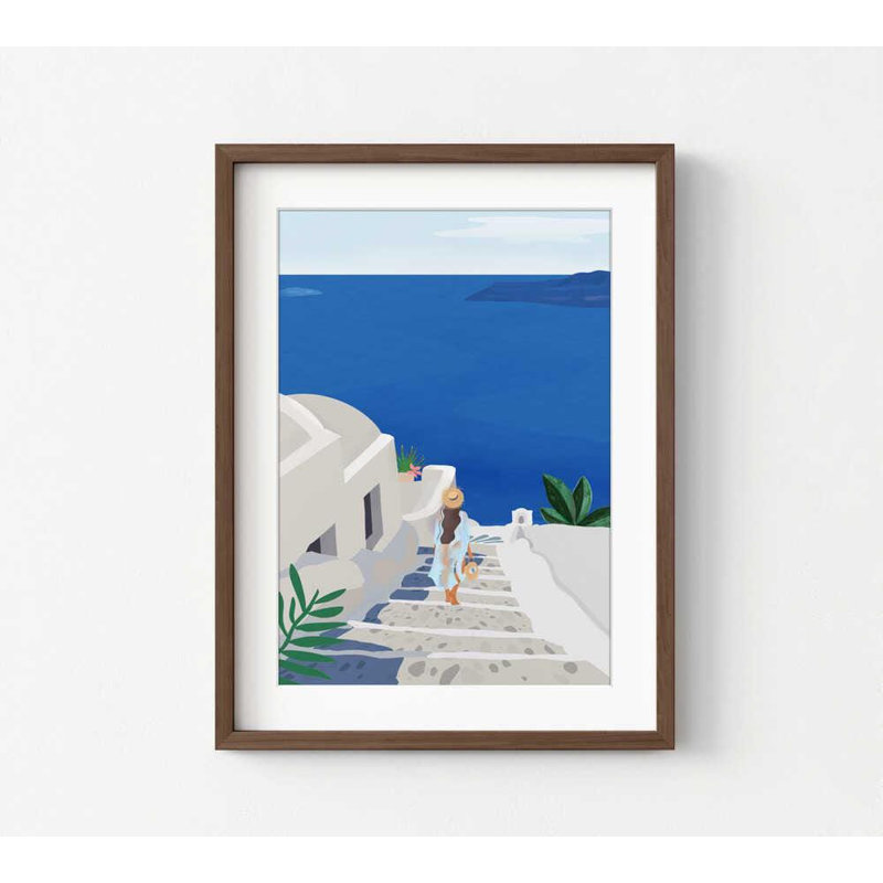 Reproduction d'art de voyage à Santorin, marches côtières bleues (formats et cadres multiples), H 10 po x l 8 po, Brun