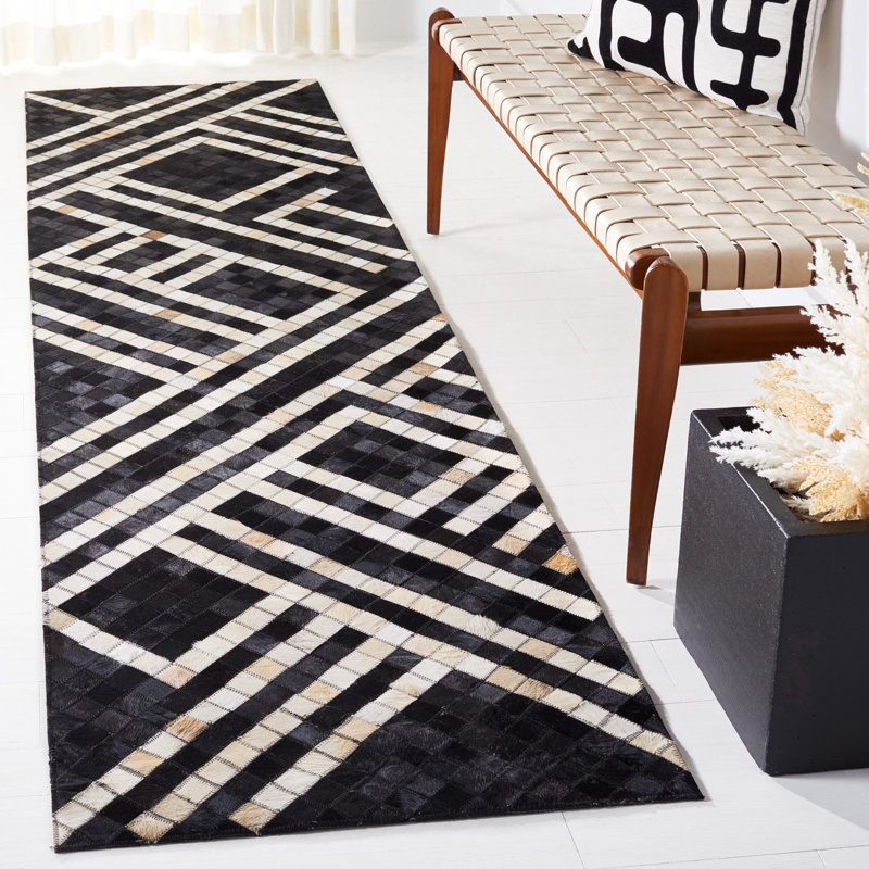 Studio Leather Flat Weave Hair On Leather Geometric Rug, Runner 2'3" x 9'