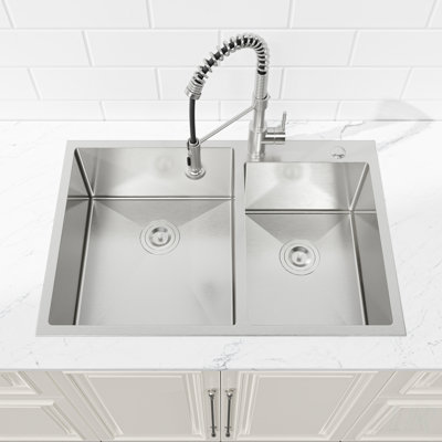 33x19 Inch Embedded Double Bowl Kitchen Sink, Overmount Handmade in Brushed Stainless Steel for Durability and Style