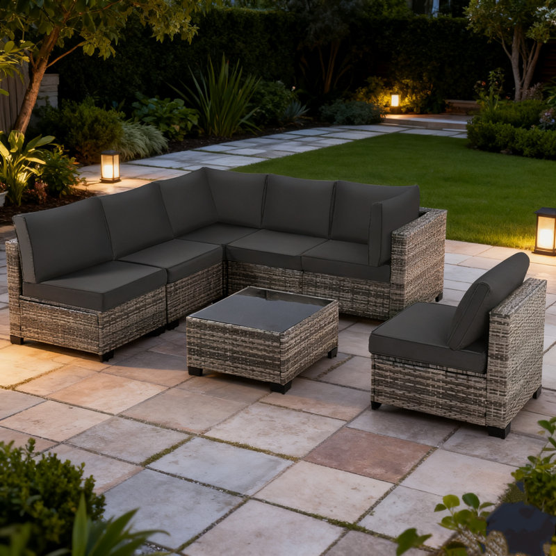 7-Piece Rattan Outdoor Sectional Seating Group with Cushions, Dark Gray, Gray