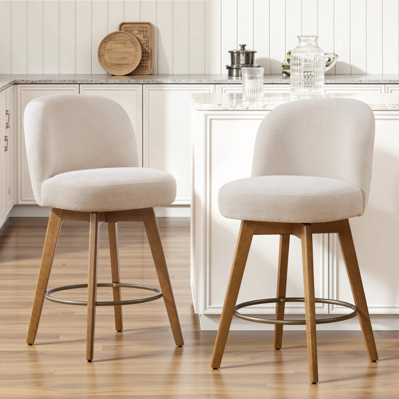 26" Swivel Upholstered Counter Stool with Solid Wood Frame and Mid Back, Beige/Chenille
