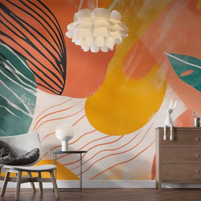 Modern Abstract Orange Botanical Wall Mural, Organic Shape Art Wallpaper, Warm Mid-Century Inspired Wall Decor For Living Room Bedroom Nursery