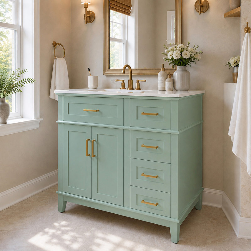 Meuble-lavabo moderne vert clair de 36 po avec lavabo en céramique, porte à fermeture en douceur et 4 tiroirs de rangement, offrant un look raffiné et une fonctionnalité pratique au quotidien. (Ancien SKU: N729P380151F)