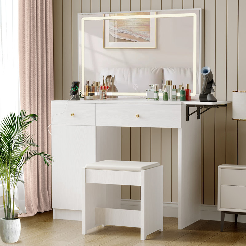 Vanity Desk With Mirror And Lights, Makeup Vanity Table Set With Charging Station & 2 Drawers And Foldable Table Extension Board, Bedroom Dressing Set With Chair, 3 Lighting Colours, White