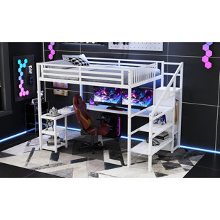 Grand lit mezzanine en métal avec accès en 3 étapes au lit supérieur, bureau en L et revêtement thermolaqué blanc pour la chambre à coucher, support robuste, sous les tablettes