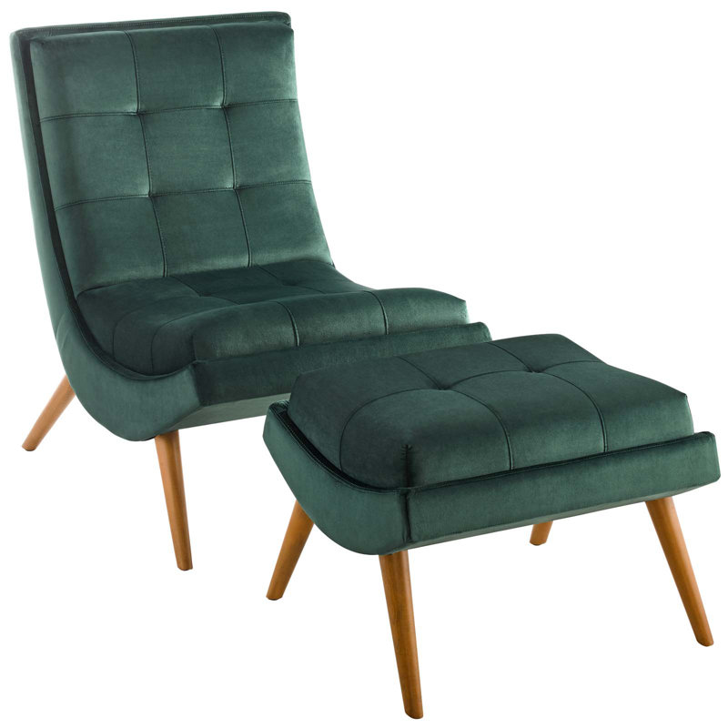 Ramp Upholstered Performance Velvet Lounge Chair and Ottoman Set by Modway, Green