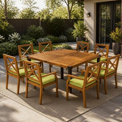 Ensemble de salle à manger de patio 9 pièces en bois d'acacia, table carrée en bois de teck de 64 po avec fauteuils à dossier en X et coussins verts, meubles de patio pour terrasse de jardin