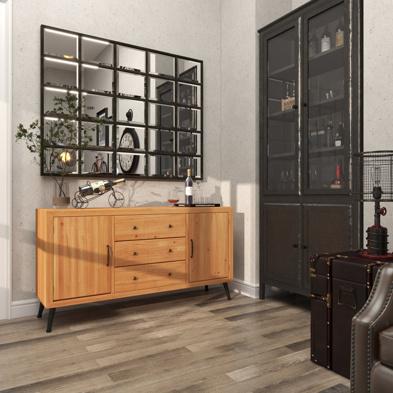 Buffet en bois 3 tiroirs 1 tablette et 2 portes brun clair