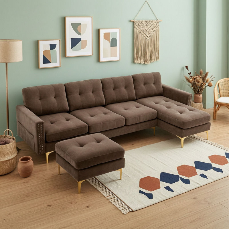 Canapé modulaire convertible en velours à cinq places avec repose-pieds mobile, Brun
