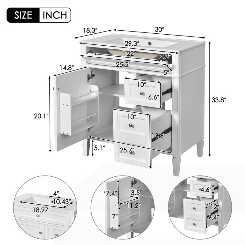 Meuble-lavabo de 30 po avec lavabo supérieur, Blanc