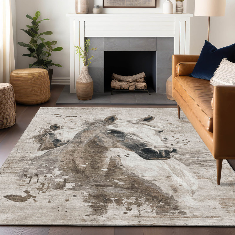 Ivory and Brown Horse Design Washable Synthetic Rug