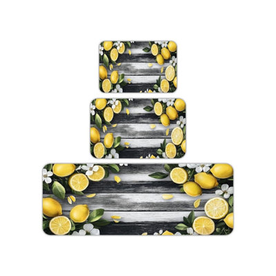 Black White Lemon Floral Kitchen Rug Set of 3 for Farmhouse Kitchen & Dining Room
