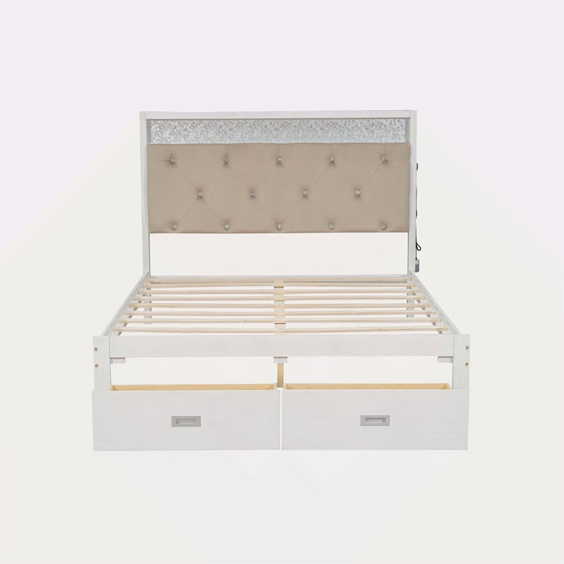 Grand lit plateforme en bois avec tête de lit tapissier, DEL et 2 tiroirs