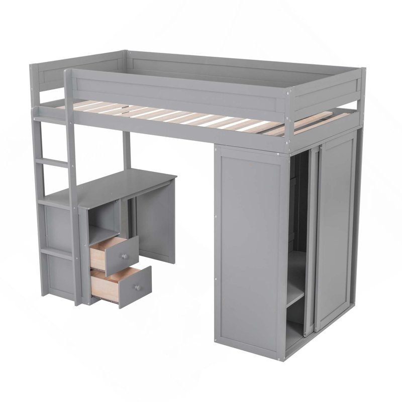 Lit mezzanine en bois avec placards et bureau à 2 tiroirs avec armoire, Grey, Twin
