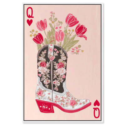 Tulips Cowgirl Boot Card Pink Canvas Print Pink Wall Decor by Art Remedy, White Frame, 24 x 36