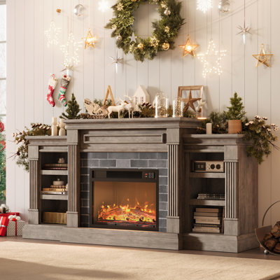  Meuble télé avec foyer électrique, centre de divertissement gris avec tablettes de rangement, chauffe-flamme 3D, console multimédia moderne pour le salon et le bureau personnel