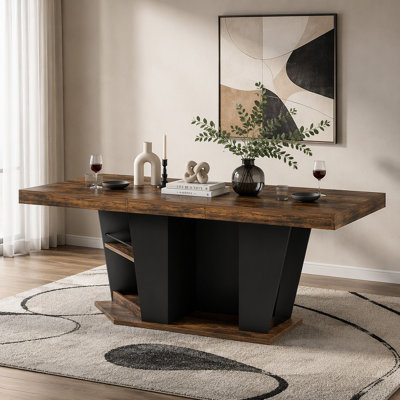 Table de salle à manger extensible de 78,7 po de style rustique, pouvant accueillir de 8 à 10 personnes, table de salle à manger avec tablettes de rangement des deux côtés, table de cuisine extensible de style moderne Mid-Century en bois, brun rustique et noir