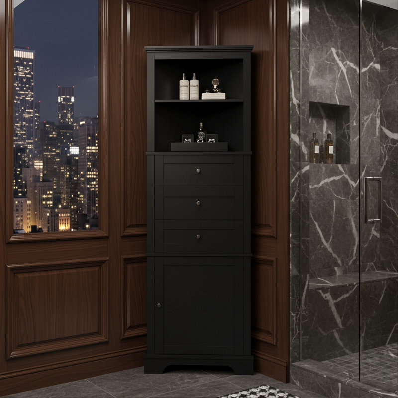 Armoire d'angle de 68,9 po de hauteur, tour de rangement triangulaire avec 3 tiroirs et tablettes réglables, Noir