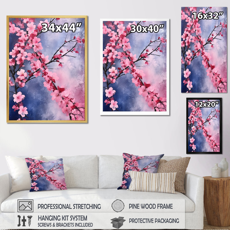 «Pink and Blue Cherry Blossoms Symphony II», reproduction sur toile Cherry Blossom, Cadre flottant doré