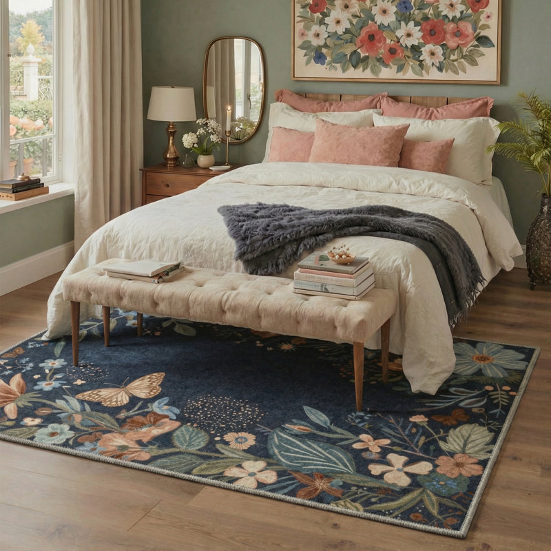 Aazad Florette Floral Machine Washable Grey / Green / Blue Indoor Area Rug with Non-Slip Backing, Rectangle 8' x 10'