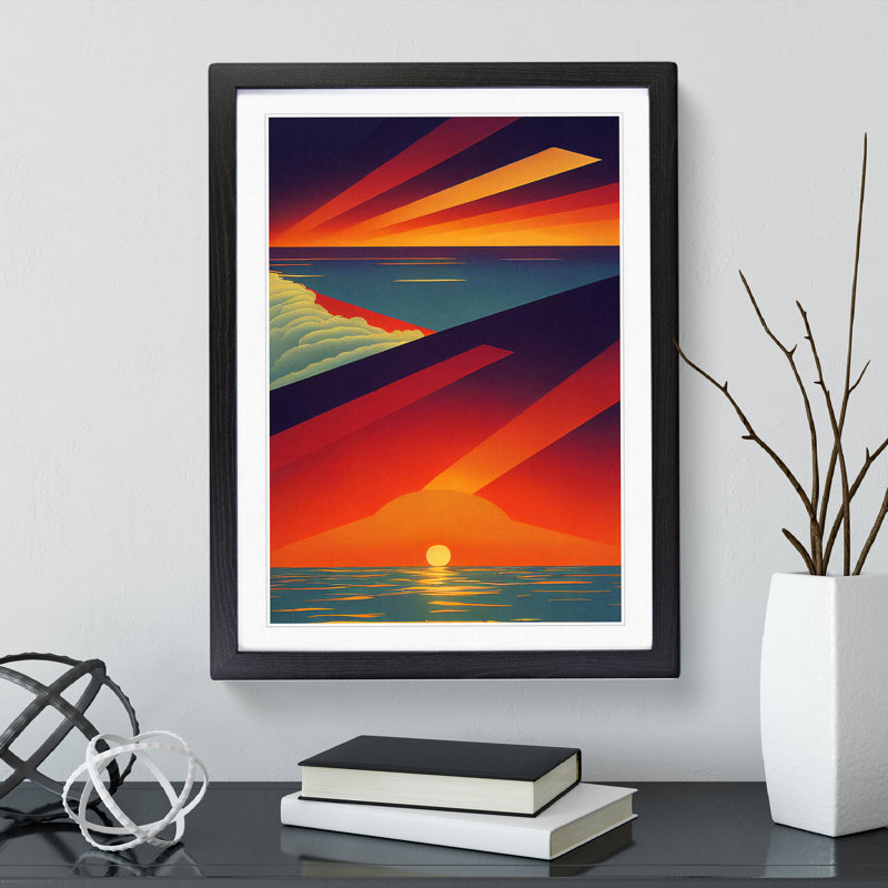 Vivid Abstract Ocean Sunset - Wall Art, Black Framed, 66cm H x 48cm W, White