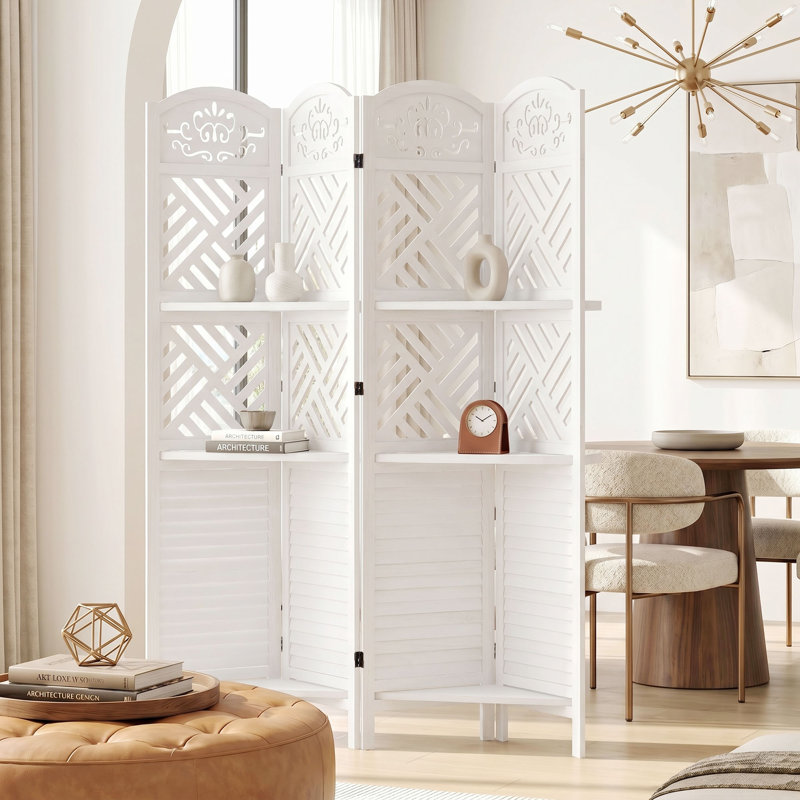 Paravent en bois sculpté avec tablettes - Paravent pliant à persiennes, 4, Blanc