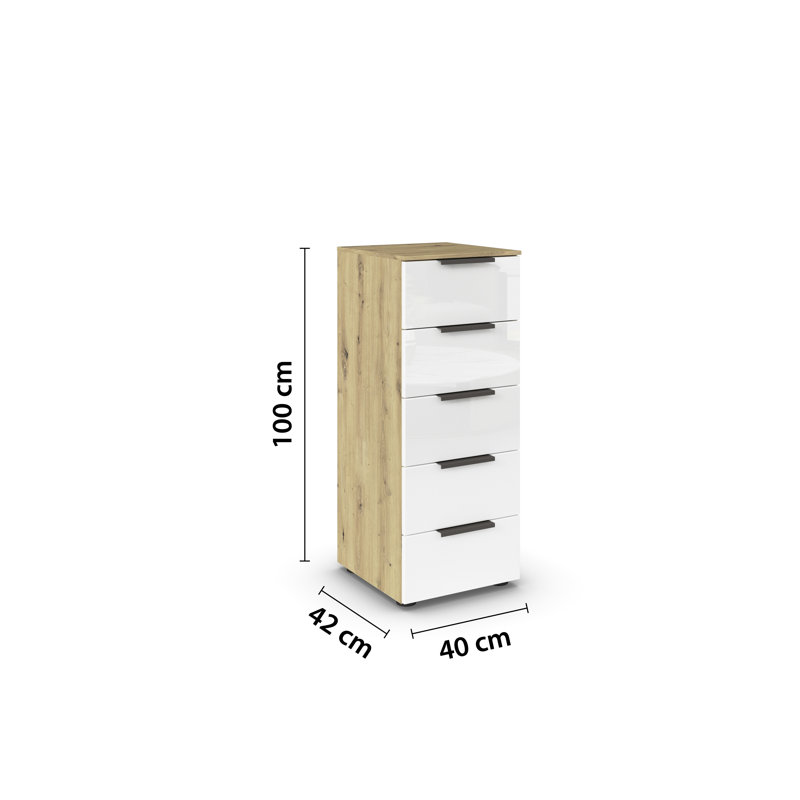 Flipp 5 Drawer 40Cm W Chest, Artisan Oak/White Glass/Graphite